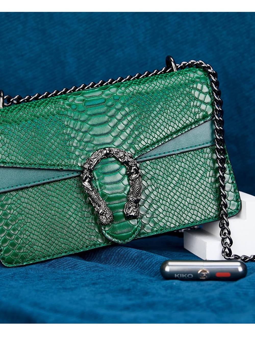 Emerald Green Snake Embossed Shoulder Bag | Chain Strap Designer Inspired Handba - Picture 2 of 8